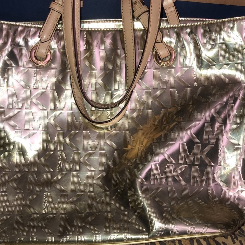 Micheal Kors XL gold metallic monogram tote wallet, slides available separately